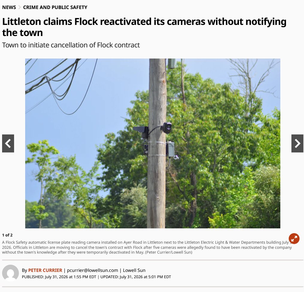 therealDeFlock's tweet photo. "Thursday morning, police found that five of the town’s six cameras had been reactivated by Flock “with no notification to the town.”

😞

#Flock #DeFlock #Axon #Surveillance #AxonAxoff

https://t.co/25BhsYycDX https://t.co/H62yGbzdX4