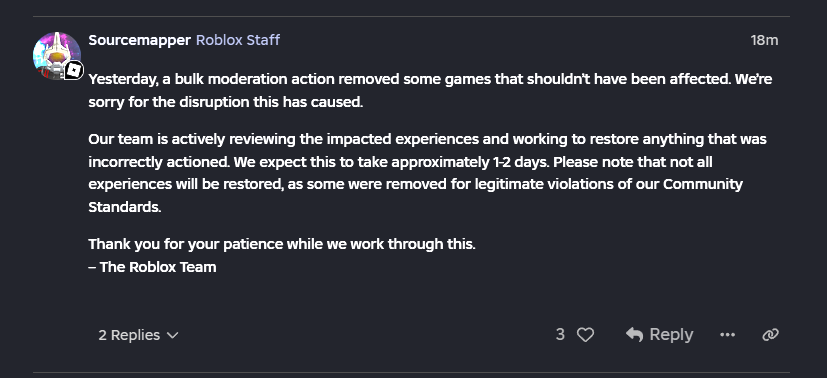 Rolimons's tweet photo. UPDATE: Roblox has acknowledged the hiccup on the Devforum and will review impacted experiences and work to restore incorrectly actioned games. They say it will take approximately 1-2 days to do so. https://t.co/I4RVt8aLPE
