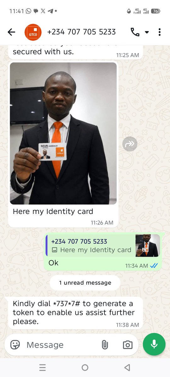 SOSikiru2023's tweet photo. This is the picture of a alleged customer service that reach out to me on Whatsapp, claim to be a staff and requesting for many details meant to be a personal detail for a customer @gtbank https://t.co/IzpShfHrC1
