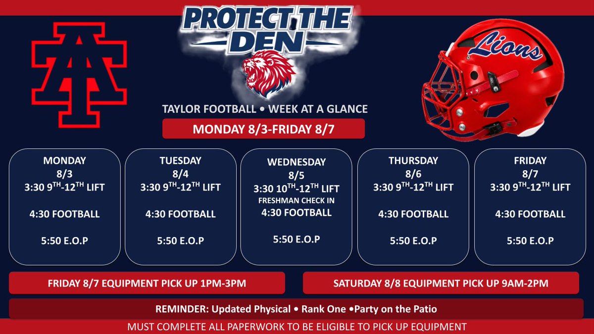 AliefTaylor_FB's tweet photo. 🚨🚨🚨PLAYERS &amp; PARENTS🚨🚨🚨

Information for next week‼️
PLAYERS need to be present‼️
Complete all needed requirements‼️
Incoming FRESHMAN‼️

Season is here‼️🚨‼️🚨
#ProtectTheDen
#TaylorMade https://t.co/KQPWwFkCoj