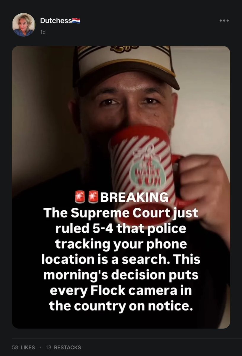 coreyking88's tweet photo. It was 6-3 actually. And the decision is more complex, as usual, than what this meme proposes. 

Location history, it decided, is a 4th Amendment Search. 

But, if the LEO obtained a warrant from a judge or magistrate to search in “good faith”, meaning they were not aware of any constitutional limits, even if later the search is found unconstitutional, the evidence of the search may not be excluded. 

Meaning that “rights” are subordinate to opinion and officer ignorance and non Article 3 judge actions. 

As we have been saying for a long time…

You have NO RIGHTS, only privileges under the 14th Amendment talmudic federal fraud system.