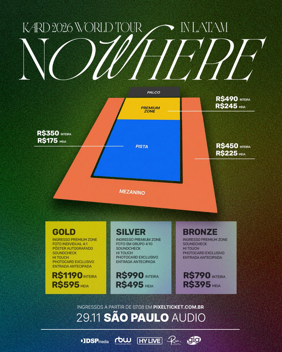 gigmusicoficial's tweet photo. KARD 2026 WORLD TOUR [NOW HERE] IN SÃO PAULO

O KARD retornar ao Brasil para mais uma emocionante apresentação com sua turnê [NOW HERE] em São Paulo.

DATA: 29 de novembro de 2026
LOCAL: AUDIO 
HORÁRIO: 20h (Início do show)

INGRESSOS
GOLD
Foto (4:1) + Pôster autografado + Soundcheck + Hi Touch + Photocard exclusivo + Entrada antecipada 
Incluso ingresso Setor Premium Zone
INTEIRA: R$ 1.190,00
MEIA: 595,00

SILVER
Foto em grupo (4:10) + Soundcheck + Hi Touch + Photocard exclusivo + Entrada antecipada
Incluso ingresso Setor Premium Zone
INTEIRA: R$ 990,00
MEIA: R$ 495,00

BRONZE
Soundcheck + Hi Touch + Photocard exclusivo + Entrada antecipada
Incluso ingresso Setor Premium Zone
INTEIRA: R$ 790,00
MEIA: R$ 395,00

PREMIUM ZONE
INTEIRA: R$ 490,00
MEIA: R$ 245,00

PISTA
INTEIRA: R$ 350,00
MEIA: R$ 175,00

MEZANINO
INTEIRA: R$ 450,00
MEIA: R$ 225,00

INGRESSOS A VENDA À PARTIR DE 07 DE AGOSTO ÀS 14H
🔗Venda Online: https://t.co/YKotIDQpTK
📍Venda Presencial: AUDIO - Av. Francisco Matarazzo, 694 - Água Branca / São Paulo (SOMENTE NO DIA 07/08)

MEIA ENTRADA:
De acordo com a Lei Federal nº12.933/2013, 40% da carga de ingressos é destinada para acesso de estudantes, idosos, PCDs, professores da rede pública de São Paulo e Jovens de baixa renda (ID Jovem).
*Obrigatório apresentar o comprovante de meia entrada na compra e entrada do evento.

*As atividades e benefícios terão horários previamente estabelecidos que serão anunciados em nossas redes sociais dias antes do evento.

IMAGEM ILUSTRATIVA.

Áreas PCDs serão montadas de acordo com a quantidade de ingressos vendidos em cada setor.

#KARD #카드 #NOWHERE #NOWHEREinLATAM #KARDinLATAM