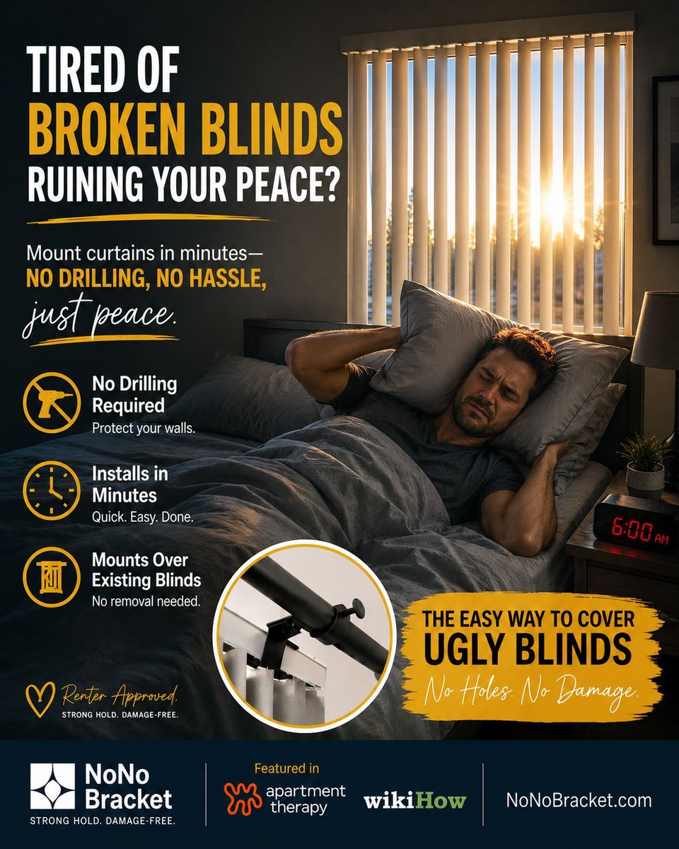 nonobracket's tweet photo. Sunlight waking you before your alarm? 😴 Cover broken blinds without drilling. The NoNo Bracket hangs real curtains right over your existing blinds — no holes, no damage, fully reversible. Renter-friendly no-drill bedroom hack. 👉 https://t.co/Y9V3h0L09g

#NoNoBracket https://t.co/lgGvTpnJUX