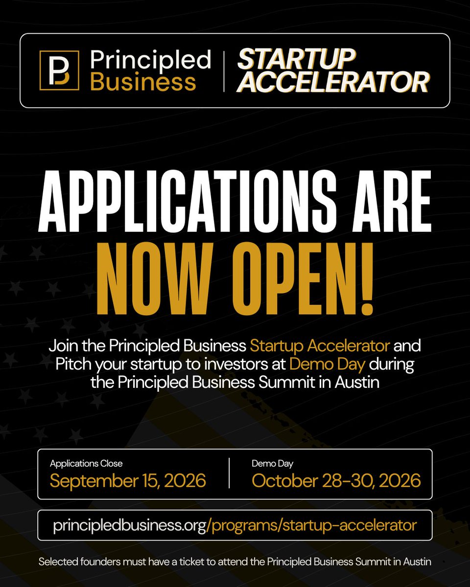 PrincipledBus's tweet photo. Applications are now open for the Principled Business Startup Accelerator.

Designed for founders building businesses that create real value, the accelerator provides mentorship, meaningful connections, and the opportunity to pitch your startup to investors during Demo Day at the Principled Business Summit in Austin.

Apply by Sept. 15: https://t.co/yRrN1kQ3yO