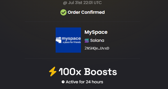 MySpacePF's tweet photo. Let's ball out.

Another 100x boosts applied, we now have 160x boosts on Dexscreener.

That should do on the boosts for now, I'll be getting us properly advertised on some other dexscreener adjacent platforms next.

$MySpace https://t.co/mL8fFbTuji