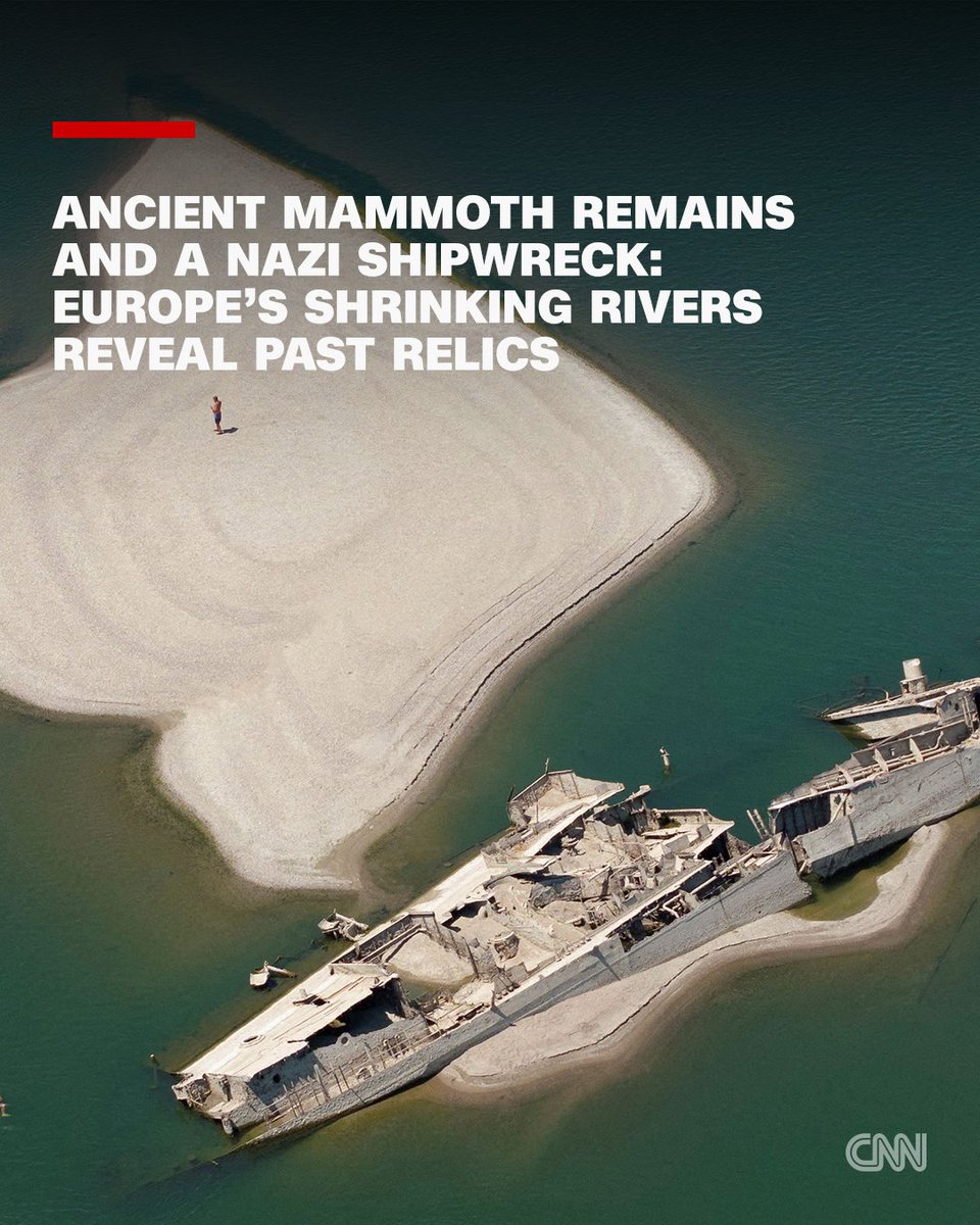 CNN's tweet photo. Europe’s summer of extraordinary heat and drought has pushed some of its rivers to record lows, revealing long-submerged relics from ancient bones to century-old shipwrecks. https://t.co/AHg1x7H2Yo https://t.co/UH6Y7KqIuk