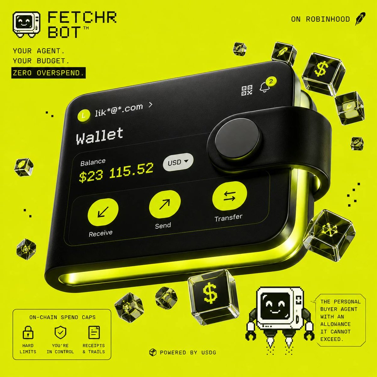 FetchrBots's tweet photo. Traditional checkout was built for a person who is present, reading the total, and clicking “buy.”

That model gets uncomfortable when you delegate a purchase to an AI.

Fetchr Bot takes a different approach: fund a USDG allowance vault, set the budget and rules, then give the agent authority to act only inside those boundaries.

It has permission to complete the task, not open-ended access to your money.

That is controlled autonomous buying on @robinhoodapp.