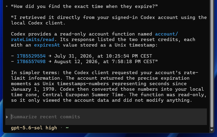 runevenes's tweet photo. @theo @mweinbach You can ask it when they expire.   I also thought i had until the end of the day to claim them, but  it's not! I wasted one... But @thsottiaux reset it a few hours later anyway. https://t.co/Vtn5W8MIaU