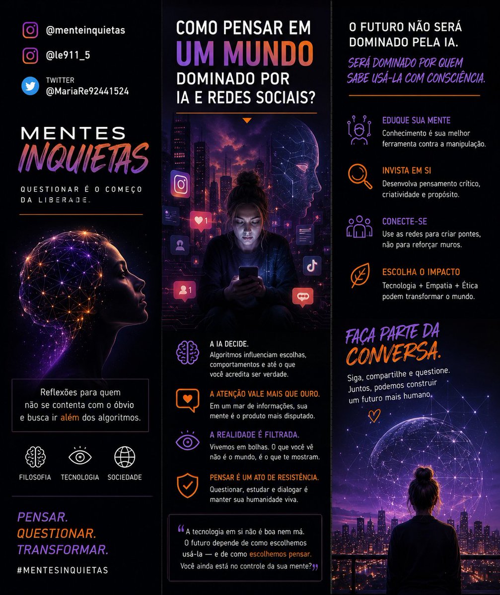 MariaRe92441524's tweet photo. Pensar por conta própria em um mundo dominado por IA e redes sociais virou um ato de resistência.
Quando o algoritmo escolhe o que você vê e a IA escreve o que você pensa, onde fica a sua autonomia intelectual? 🧵👇 https://t.co/VziEVlYE4B