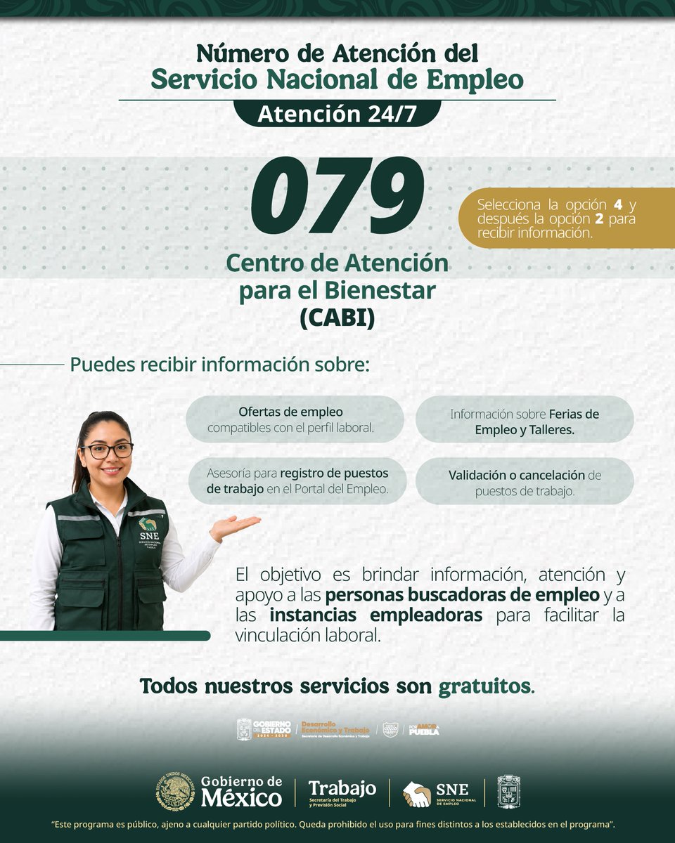 SNEPueblaOfi's tweet photo. 🚀 ¡Conecta con nuevas oportunidades laborales!
Llama al 📲 079 (CABI) y recibe asesoría gratuita 24/7 sobre:
✅ Empleos en México y el extranjero
✅ Reclutamientos
✅ Talleres y ferias de empleo
✨ ¡Y mucho más!
#SNE #EmpleoPuebla https://t.co/anoW887lza