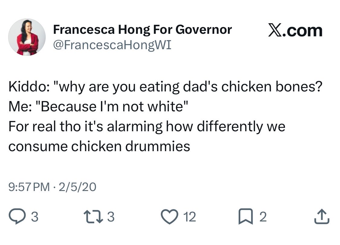 JackPosobiec's tweet photo. BREAKING: Leading candidate for Wisconsin governor Francesca Hong antiwhite tweets exposed. She even laughed about teaching antiwhite slurs to her toddler https://t.co/Cn7zt1I2Q6
