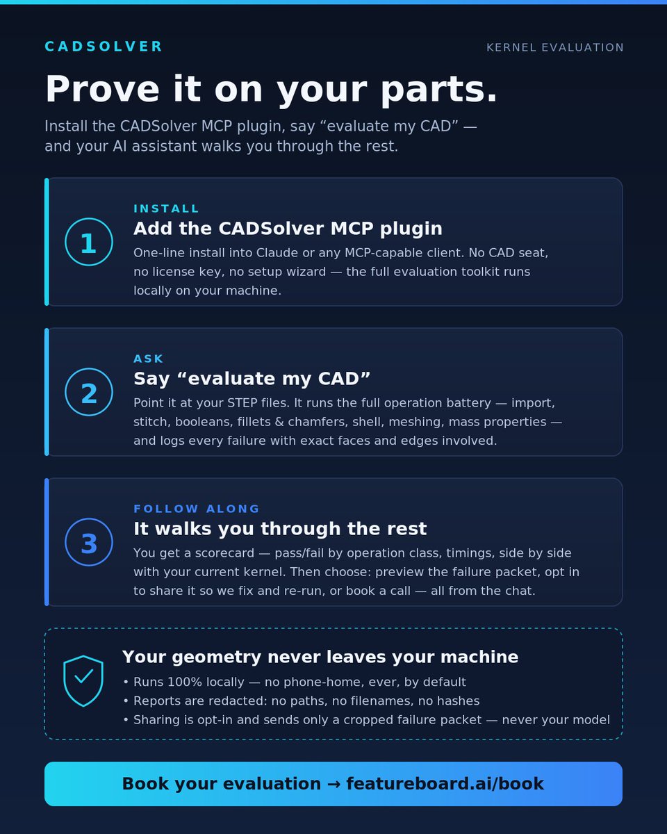 TurnUpTheVix's tweet photo. We've all heard about CADSolver, the AI Native 3D Solid Modeling Kernel SDK/MCP Plugin that's revolutionizing CAD, but how do we get started with it?

Just install and say "evaluate my CAD" then give it some data. Nothing leaves your machine. 

This turns the old months-long, NDA-heavy sales process kernel evaluation into a self serve process. 

Built by https://t.co/Qqz13P8BYQ