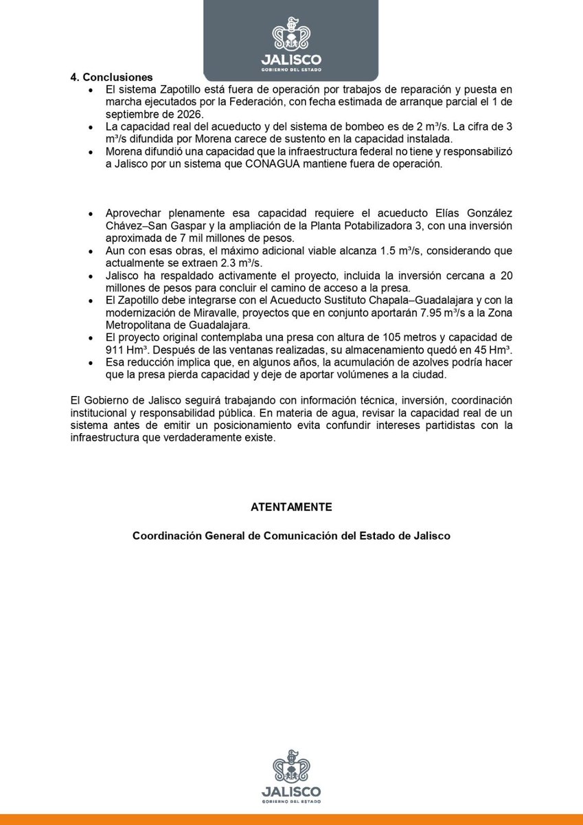 viogu's tweet photo. Vaya, vaya. Aunque Alfaro nunca habló de obras pendientes de la federación para el funcionamiento del Zapotillo, ahora el Gobierno del Estado confirma que la presa NO ESTÁ OPERANDO y responsabiliza a la Conagua. Acá el comunicado que acaba de sacar en respuesta a Morena: https://t.co/weyO0vCVwG