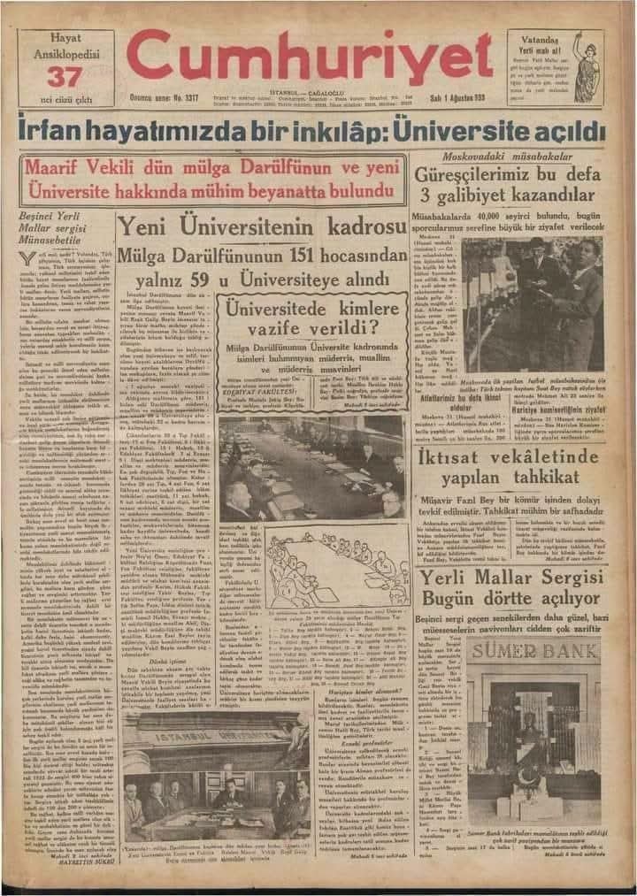 SMEYDAN's tweet photo. 1933 ÜNİVERSİTE REFORMU: Bilimsel Devrim 

31 Temmuz 1933'te TBMM'de kabul edilen 2252 sayılı "İstanbul Dârülfünunu'nun İlgasına ve Maarif Vekâleti'nce Yeni Bir Üniversite Kurulmasına Dair Kanun"  ile  İstanbul Dârülfünunu kapatılmış, bir gün sonra, 1 Ağustos 1933 tarihinde İstanbul Üniversitesi kurulmuştur.

İstanbul Üniversitesi’nin en önemli özellikleri "laik", "bilimsel", “milli” ve “devrimci” olmasıdır. 

İstanbul Üniversitesinin kurulması dönemin basınında "İlim İrfan İnkilabi" olarak adlandırılmıştır.  İstanbul Üniversitenin kurulması "Bilimsel Devrim" olarak değerlendirilmiştir. 

Eski anlayışı temsil eden ve bilimsel devrime katkı sunamayacağı düşünülen İstanbul Darülfünunu hocaları yeni kurulan İstanbul Üniversitesi’nin dışında bırakılmıştır. İstanbul Darülfünundaki 151 hocadan yalnız 59’una İstanbul Üniversitesinde yer verilmiştir.  

İstanbul Üniversitesi’nin öğretim üyeleri üç kaynaktan sağlanmıştır: 

1) Kaldırılan Darülfünundaki bazı bilim insanlarından,

2) Avrupa’ya eğitim için gönderilmiş genç bilim insanlarından,

3) Dünyaca ünlü Alman, Macar, Avusturyalı bilim insanlarından.