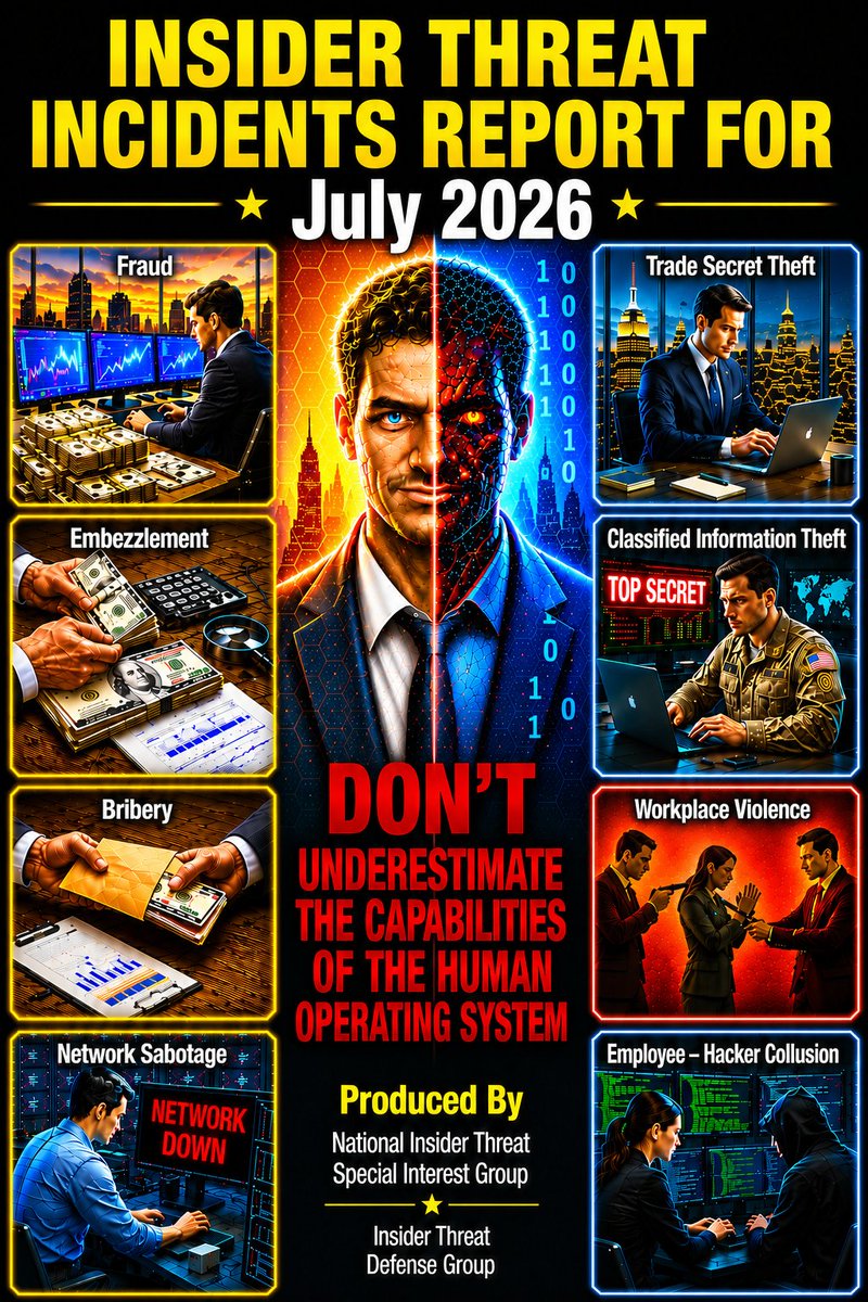 InsiderThreatDG's tweet photo. INSIDER THREAT INCIDENTS REPORT FOR JULY 2026
https://t.co/oP21qnhtu2

#insider #threat #threats #insiderthreats #insiderrisks #employees #disgruntled #malicious #management #mitigation #risk #risks #examples #damages #costs #Impacts #incidents #reports #news #cybersecurity https://t.co/30Dd7f3Yfy