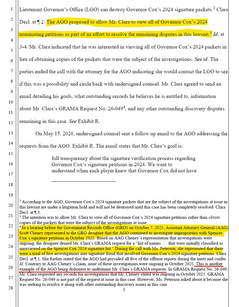 donMiguelSLC's tweet photo. Utah Election Fraud Update:

👩‍⚖️ In the Rule 60(b) Motion To Open Discovery: Attorney @goud4utah points out, “In a hearing before the Government Records Office (GRO) on October 7, 2025, Assistant Attorney General (AAG) Scott Cheney represented to the GRO … that the [@UtahAG ] continued to investigate improprieties with Spencer Cox’s signature petitions in October 2025. Based on … Cheney’s representation that investigations were ongoing, the [Director] denied Mr. Clara’s GRAMA [appeal] for a list of names . . . on the @GovCox 2024 signature list.”

5⃣  Then Goud underscores the contradiction, “During the call with [Assistant Attorney General] … Peterson, she represented that there was a total of five investigations into signature fraud that involved Governor Cox’s 2024 signature petitions. She further stated that the AGO had provided all five of the offense reports during the meet and confer. Contrary to AAG Cheney’s claim, none of these investigations were ongoing in October 2025.”

🎱 Perhaps, recognizing that they are not good at telling lies to cover up other lies, the AGO “proposed to allow [me] to view all of Governor Cox’s 2024 nominating petitions as part of an effort to resolve the remaining disputes in this lawsuit”. 

🐝 This will be a major milestone in this battle for TRUTH, if they make good on this proposition.
