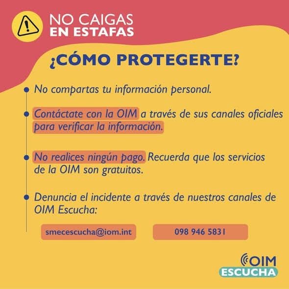 OIMEcuador's tweet photo. Personas malintencionadas pueden hacerse pasar por la OIM para solicitar tus datos personales o dinero a cambio de supuestas asistencias.

Recuerda que nuestros servicios son gratuitos y que puedes contactarte a través de nuestros canales oficiales para verificar la información. https://t.co/EkSkFjS12r