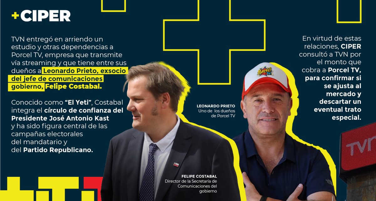 ciper's tweet photo. 📺 TVN decidió no transparentar su contrato con Porcel TV, empresa de un exsocio del director de la Secom, Felipe "El Yeti" Costabal, figura central en las campañas electorales del Presidente José Antonio Kast y del Partido Republicano. Conoce más aquí: https://t.co/UBN7KtMsC9