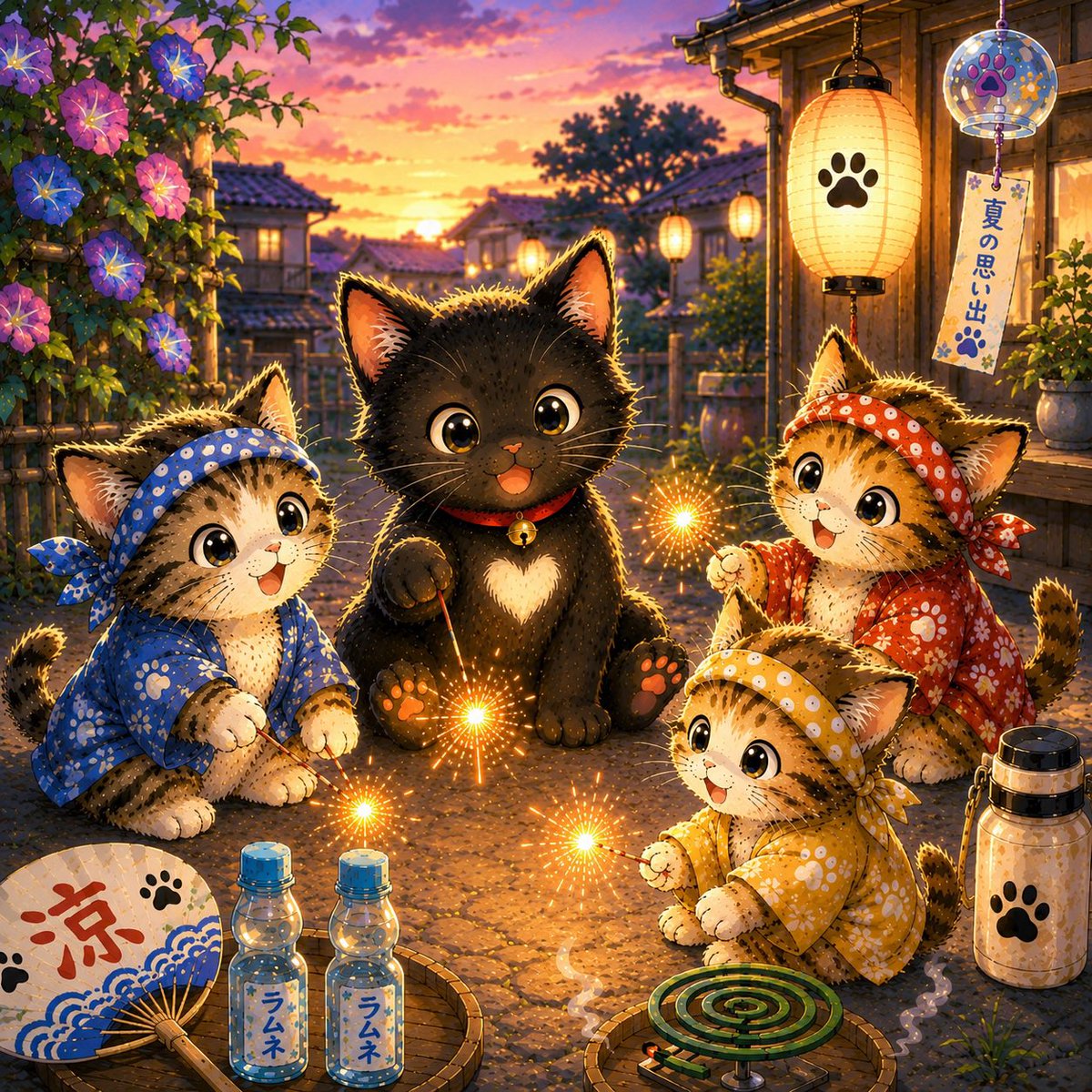 jun_blair_melon's tweet photo. おはにゃ〜🎇 🐈‍⬛ 🐾 今日は線香花火大会にゃ✨ 小さな火花に癒される夏の夜♪ みんなでのんびり楽しむにゃ😊

#おはにゃ #クロの朝 #黒猫 #猫 #線香花火 #夏の夜 #癒し #イラスト #猫好き #クロ https://t.co/G3HCCYr6vF