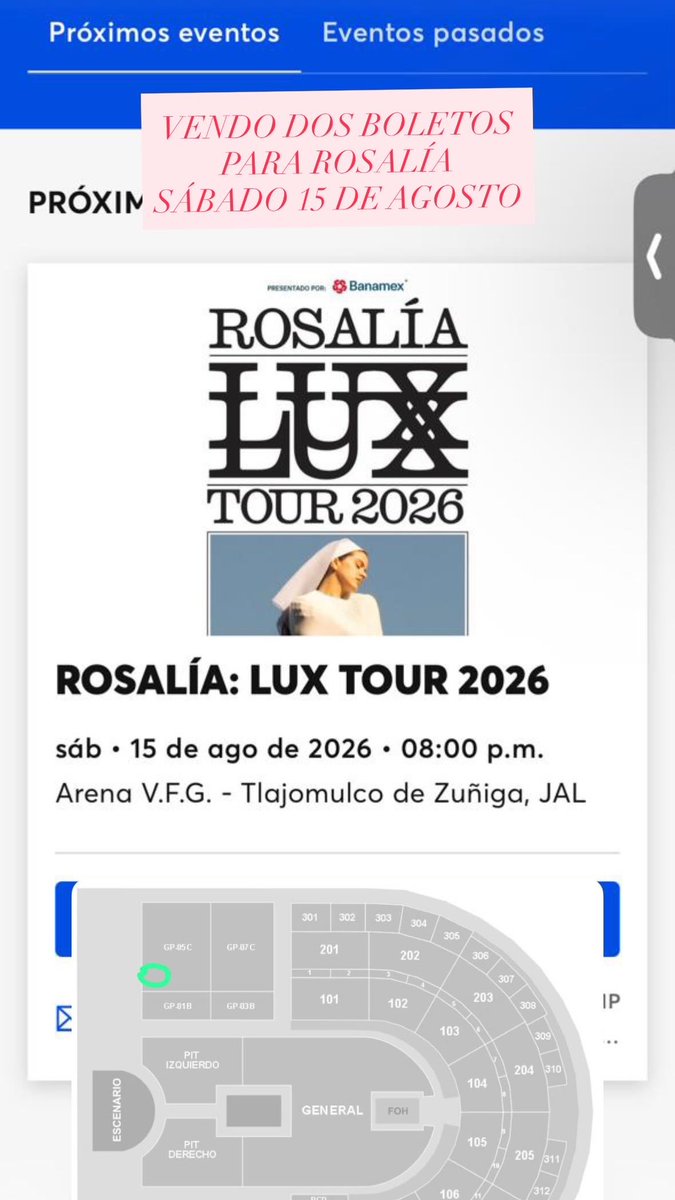 sebasnaveja's tweet photo. vendo DOS boletos para lux tour de rosalia el sábado 15 de agosto en guadalajara ‼️‼️‼️ https://t.co/ZtpmUVE2BX
