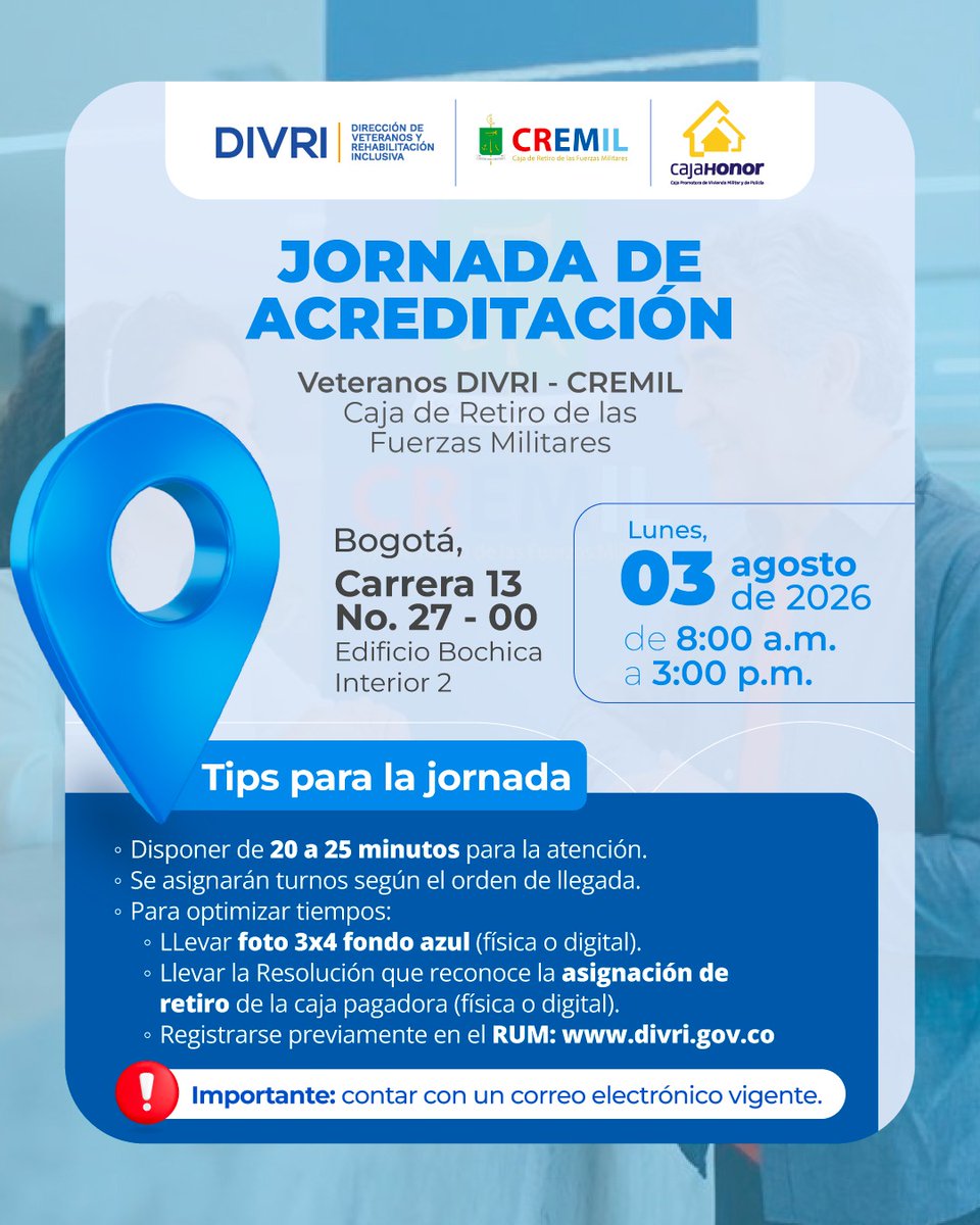 Cremil_Co's tweet photo. La Caja de Retiro de las Fuerzas Militares (CREMIL), en apoyo a la DIVRI, invita a todos los veteranos a participar en la Jornada de Acreditación.
🌐 Para más información y registro previo, visite: https://t.co/ncCQXvnRoJ
#CREMIL | #DIVRI | #Veteranos | #Acreditación | #SomosGSED https://t.co/D8lIfv44v1