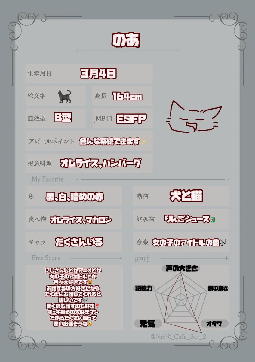 Noir_Cafe_BAR's tweet photo. ☕️執事紹介☕️

♠名前:のあ🐈‍⬛
♠@3vulax

♠誕生日:3/4
♠年齢:18歳
♠MBTI:ESFP
♠好きな色:黒と白と赤
♠好きな飲み物:りんごジュース🧃
♠好きな食べ物:オムライスとマカロンÒ ·̫ Ó
♠好きなキャラクター:居すぎて決められない( ꒪⌓︎꒪)
♠趣味:コスプレ、アニメ見る😻

#男装カフェ #コンカフェ https://t.co/bZJIFlJEVx