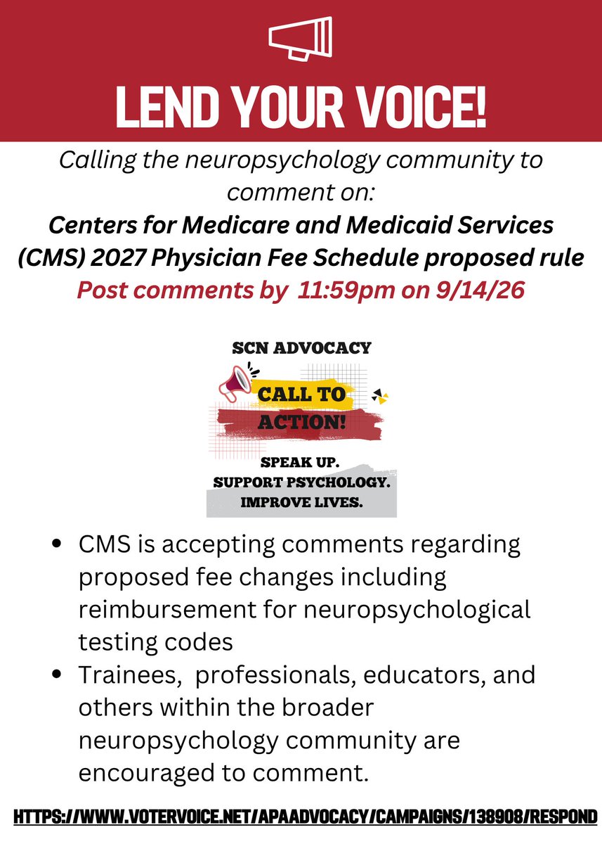 APADivision40's tweet photo. ATTENTION PSYCHOLOGISTS: Comments for the 2027 CMS Physician Fee Schedule are OPEN. Please submit comments to support continued reimbursement of testing codes. 

https://t.co/8DjF2VMR7r 

Comments due 9/14/26 @ 11:59pm https://t.co/j3bxaVXb0C