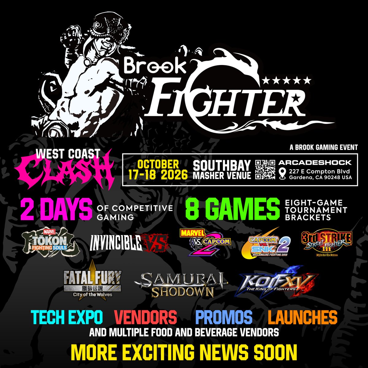 ArcadeShock's tweet photo. From the AS Team:  BROOK FIGHTER WEST COAST CLASH RESCHEDULED TO OCTOBER 17-18

Due to space constraints during the month of September, we have made the difficult decision to reschedule this event until we have full access to all of the areas needed to host it as originally planned.

This event has been in the works since February, but recent changes to the utilization of both the indoor and outdoor areas mean we would no longer be able to accommodate all of the games, vendors, and activities we had planned. Rather than deliver a scaled-back experience, we believe it's better to move the event and present it the way it was intended.

We sincerely apologize to Brook and everyone who has already registered. Early Bird registration will remain open, but if the new dates do not work for you and you would like a refund, please send us a direct message and we'll be happy to take care of it.

While this means the event is being pushed back by about a month, we won't be letting that time go to waste. We've already spoken with Brook, and their team is 100% on board with the change, along with all of the tournament organizers involved. We'll be using this additional time to expand the event with even more activities and experiences to make attending in person even more worthwhile.

Brook welcomes everyone to their first event in the United States. Come meet new people, reconnect with friends, experience the latest products, and build new relationships within the fighting game community and the industry.

Again, we sincerely apologize for the change in dates, but we're confident the extra time will allow us to deliver an even better event than originally planned. Thank you for your understanding, and we look forward to seeing everyone there.

https://t.co/foNTRczjHf

@brookgamingfans
@Vinyllabz
@TeamOmegaElite
@Silentscope881
@CoachZOL
@Ke11yAnn_ @30k100m
@official_stier
@arcadecandyco 
@MeterDump