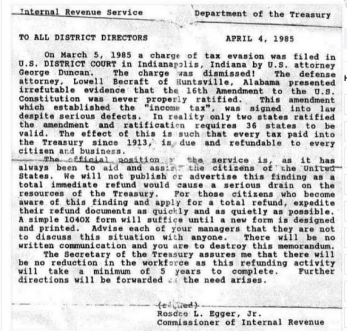 MrWhiplash_'s tweet photo. ALERT : The most shocking X post of 2025.

GIANT IRS BOMBSHELL! Leaked 1985 Letter from IRS Commissioner EXPOSES the 16th Amendment as a FRAUD – Income Tax Was NEVER Legal! $330 TRILLION STOLEN – WE MUST FIGHT BACK! Please read. 

THE PATH TO JUSTICE: WHAT YOU MUST DO NOW!

President Trump has made it clear: The IRS must be dismantled. He’s the ONLY leader in modern history who has the courage to stand against this deep-state extortion racket. But he needs us to stand with him!

Here’s what YOU can do RIGHT NOW to take action:

SPREAD THIS INFORMATION EVERYWHERE. 

Share this article. 

Post it. Print it. Make sure EVERY American sees this!

CONTACT YOUR REPRESENTATIVES. 

Demand a full investigation into the fraudulent 16th Amendment ratification.

FILE FOR RESTITUTION. 

We demand refunds for every illegally collected tax dollar. The American people must be PAID BACK.

PRESSURE TRUMP TO ABOLISH THE IRS. 

He’s fighting for us, but he needs to hear our voices loud and clear!