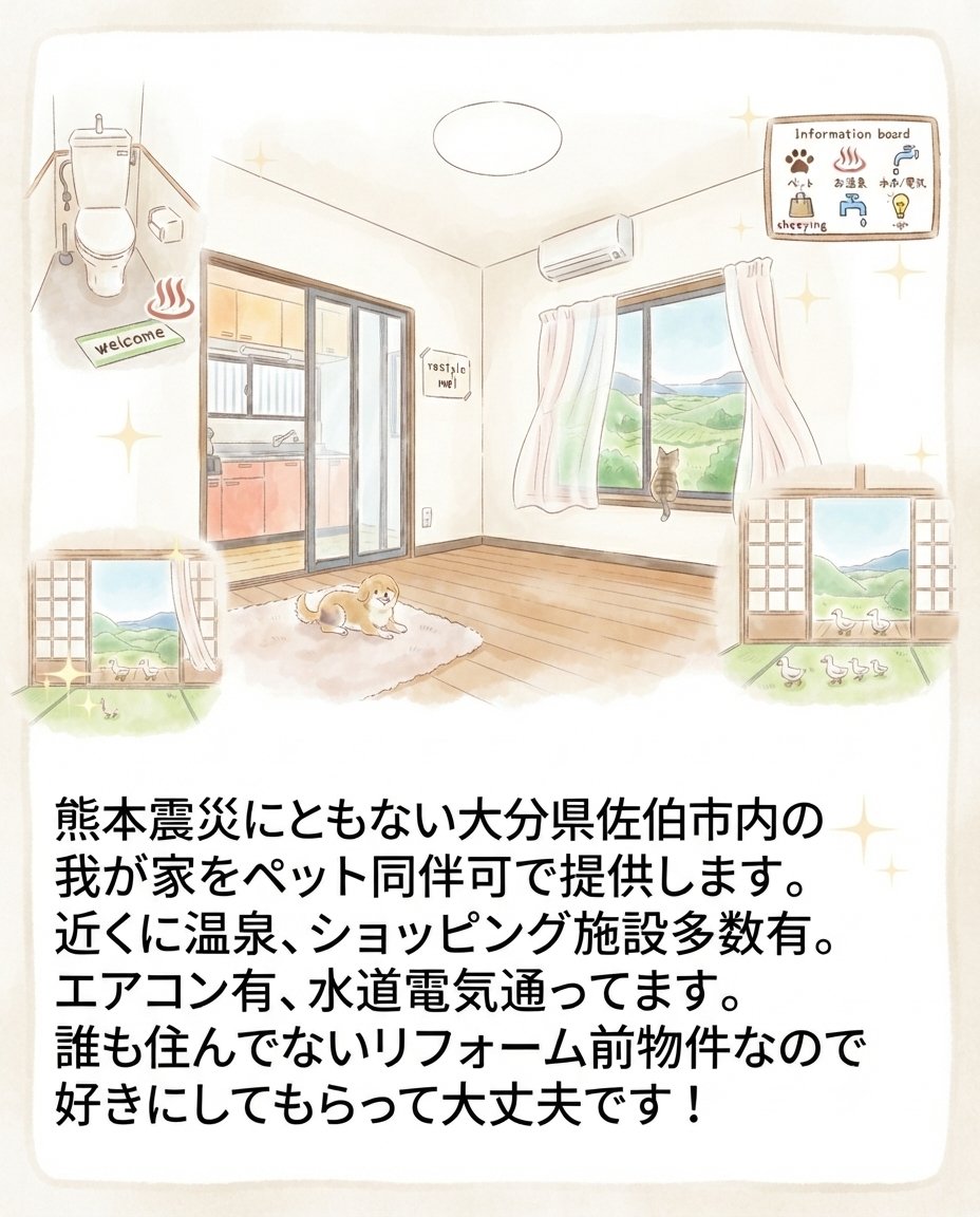 burumaruchannel's tweet photo. 【拡散希望】
熊本地震に伴い、ペットを所有されている被災者に我が家が所有している空き物件をペット複数可で8月末まで無料提供します！
場所:大分県佐伯市内
即日入居可.複数名ご家族でも可

※詳細は直接インスタグラムにDMを頂くか、authority0225@gmail.comまでお問合せください。 https://t.co/mn2CDfMTwo