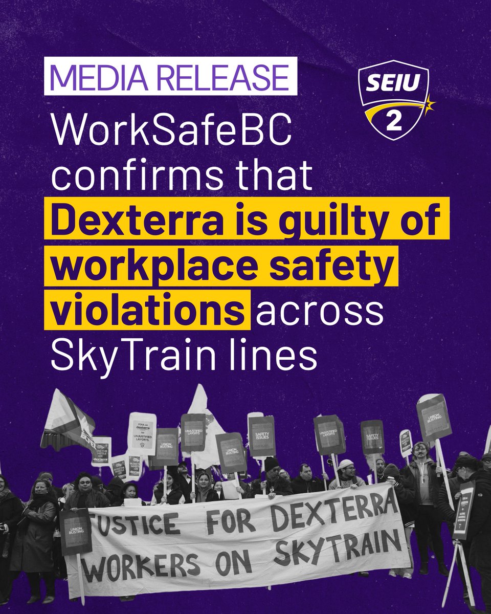 seiulocal2can's tweet photo. A WorkSafeBC Inspection of Dexterra's SkyTrain cleaning operations has resulted in six outstanding safety orders after officers identified multiple health and safety violations affecting workers across the Expo and Millennium SkyTrain lines in Vancouver. https://t.co/rNmg5Qgvr9