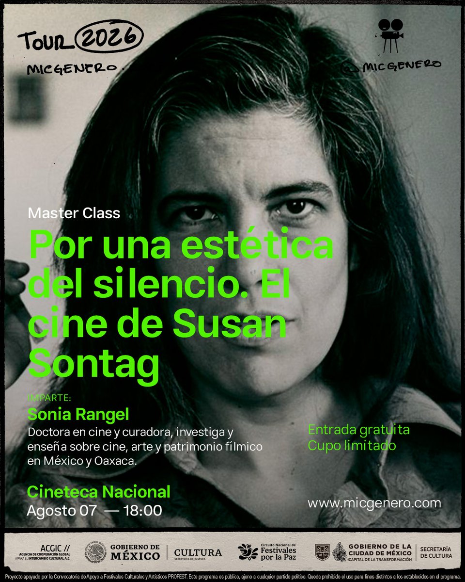 CinetecaMexico's tweet photo. Susan Sontag fue una de las pensadoras más influyentes de la cultura contemporánea. Sus estudios sobre el arte y la fotografía, además de controvertidos, marcaron a toda una generación. 🎨📷

🎬 A través de su filmografía, Sontag invita a la crítica sobre temas como las relaciones de poder, los roles de género y el cuerpo como territorio político.
No te pierdas la Master Class POR UNA ESTÉTICA DEL SILENCIO. EL CINE DE SUSAN SONTAG, que se llevará a cabo en la Cineteca Nacional México 🔴 en el marco del festival MICGénero 2026.

🎟️ Entrada libre. Boletos disponibles en taquilla el día del evento.