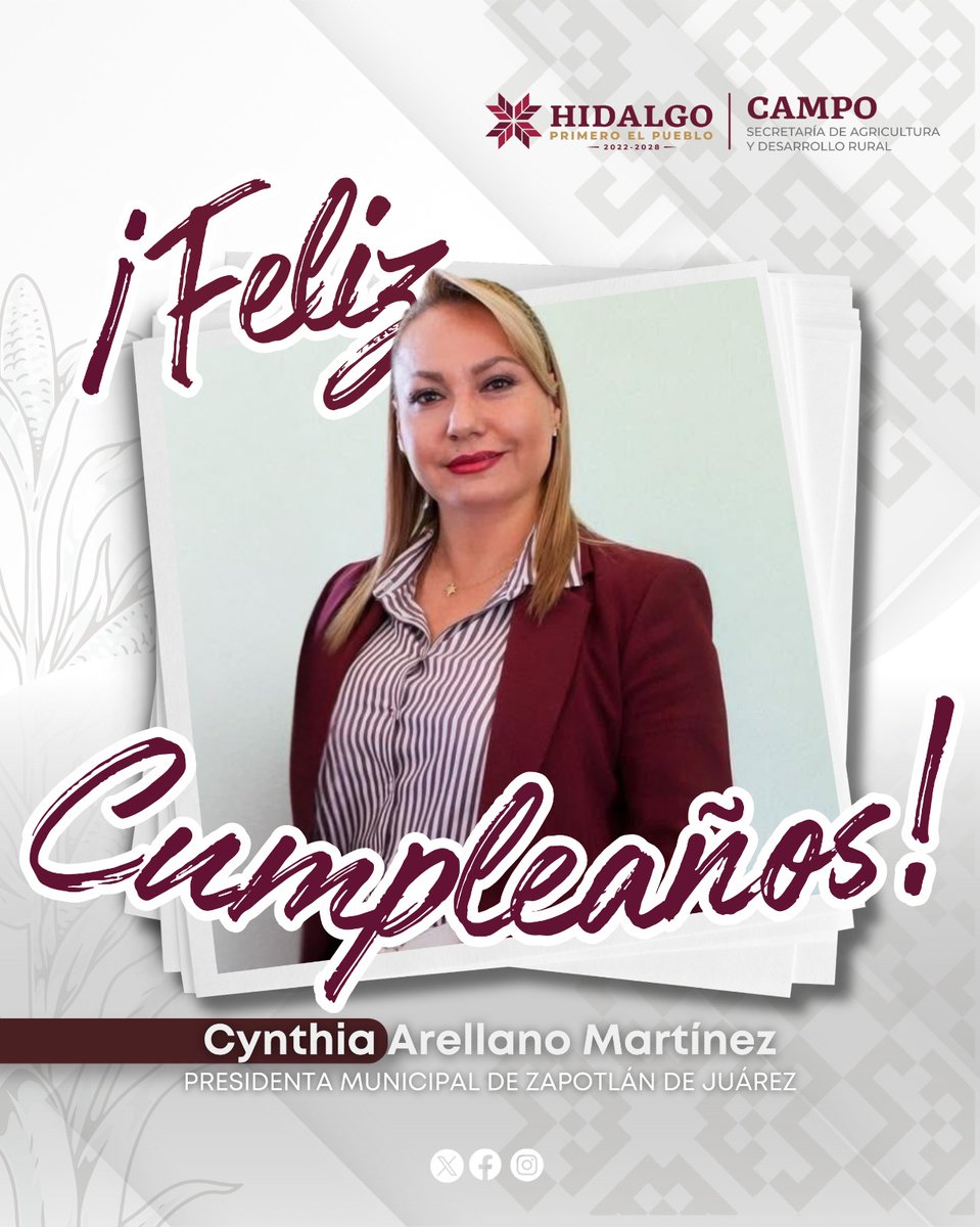 AgriculturaHgo's tweet photo. 🎉🎂 Muchas felicidades a Cynthia Arellano, presidenta municipal de #ZapotlánDeJuárez, por su cumpleaños.
Desde la familia #SADERH le enviamos un afectuoso saludo y nuestros mejores deseos de salud, bienestar y éxito en este nuevo año de vida. 🌾 https://t.co/8sETZKfJMK