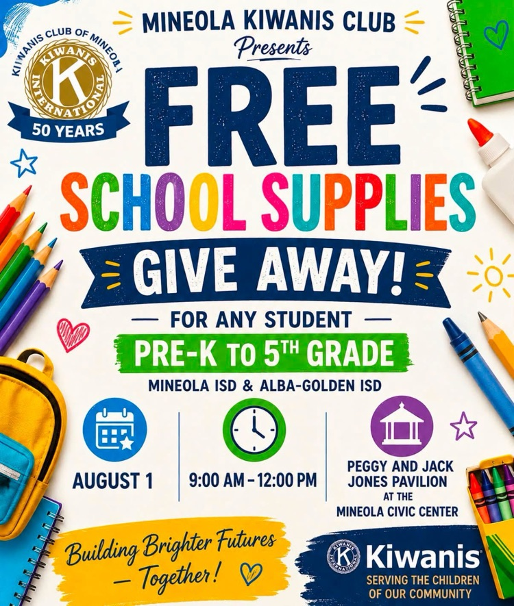 MineolaISD's tweet photo. For those in need of school supplies from Head Start to 5th Grade, check out this great event sponsored by the Mineola Kiwanis Club! https://t.co/6NnFxkTiW0