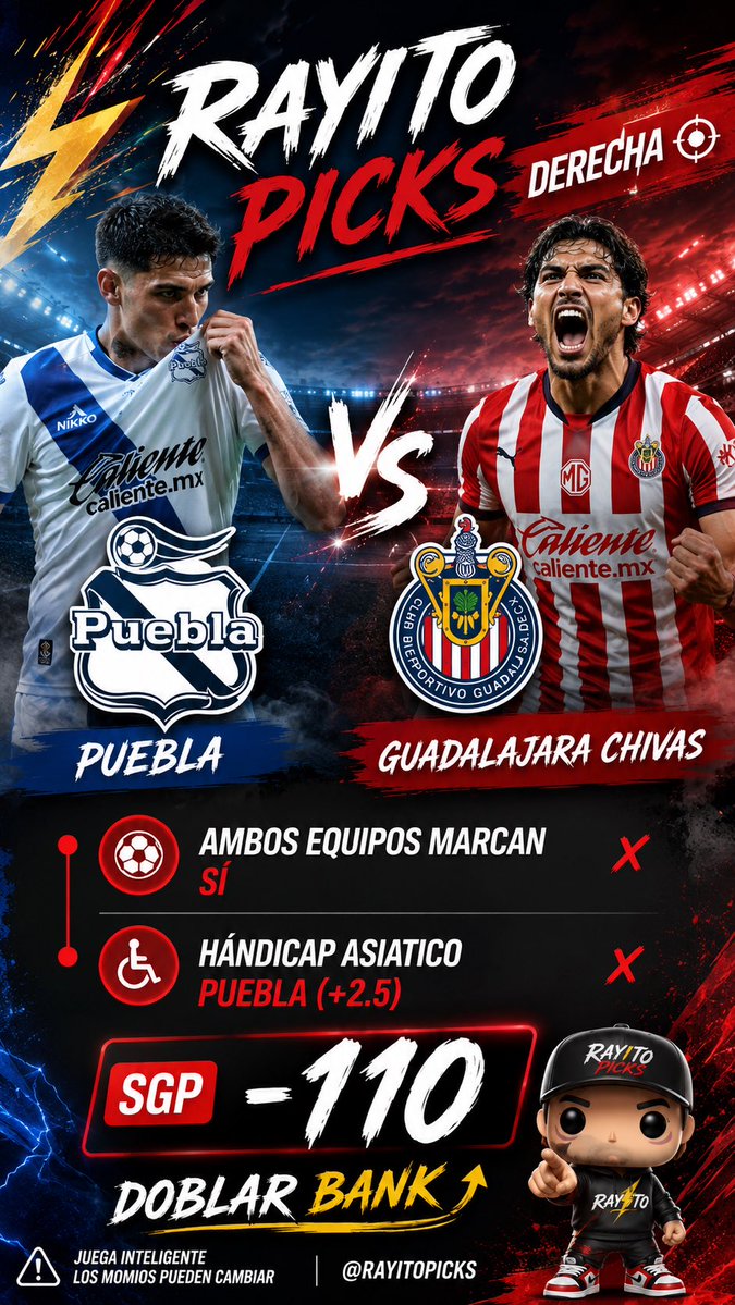 ApuestasRayito's tweet photo. 🚨 DERECHA LISTA 🚨
⚽ Puebla 🆚 Guadalajara Chivas
🎯 APUESTA:
✅ Ambos equipos marcan
✅ Puebla (+2.5) Hándicap Asiático
💰 Momio: -110
⚡ En Rayito Picks no seguimos a la multitud, buscamos apuestas con valor.
#RayitoPicks #LigaMX #LigaBBVA #Puebla #Chivas #Futbol https://t.co/VW6Sg7kV0A