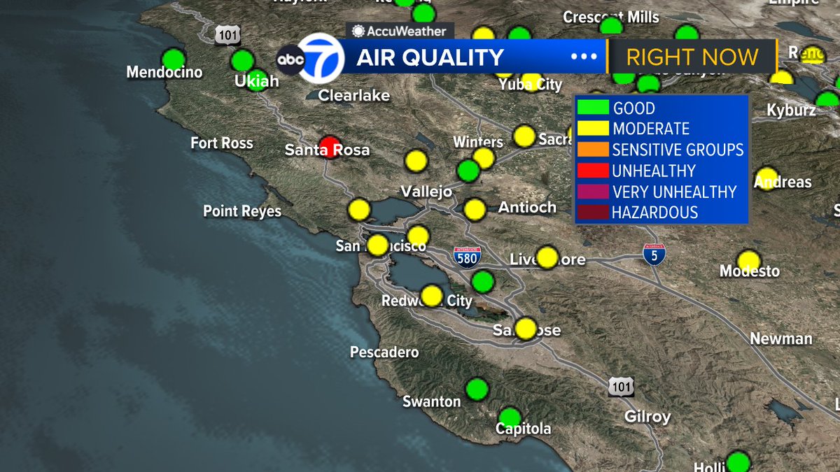 SandhyaABC7's tweet photo. SPARE THE AIR: Extended through tomorrow as smoke from Woodside fire (Sonoma Co.) continues impacting air quality. Unhealthy air quality in north bay now. #SanFrancisco #BayArea #CAwx #WoodsideFire https://t.co/m6h8HI64pj