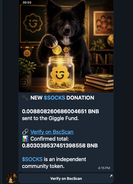 giggle_socks's tweet photo. Every donation to the Giggle Academy gets tracked on our website and our custom telegram bot notifies our telegram community in real time. https://t.co/jmy8kD71fX