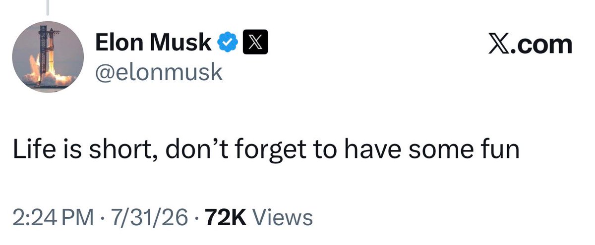Teslaconomics's tweet photo. The hardest working man in the world just gave the simplest reminder… make sure you don’t get so caught up in the grind that you forget to actually enjoy your life. 

None of us are here forever. 

Make memories while you can. https://t.co/CsshVUIXFo