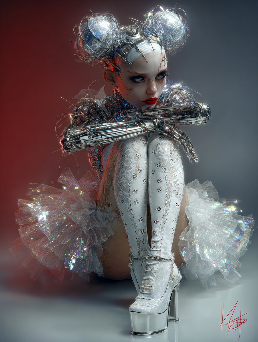 RobotCleopatra's tweet photo. GOLDEN PROMPT
a digital portrait of a seated female cyborg with her knees pulled close to her chest. her skin is stark white, accentuated by dark eye makeup and red lipstick. her hair is made of clear, glassy fibers styled into two large chrome buns. her right arm is a detailed mechanical structure of silver metal and blue wires. her legs are covered in patterned white hosiery with black lines and dots. she is adorned in an iridescent tutu resembling shattered glass or clear plastic that glows with cool colors. her shoes are high platform silver heels. the scene is set against a simple gradient background, with a red signature in the bottom right corner.