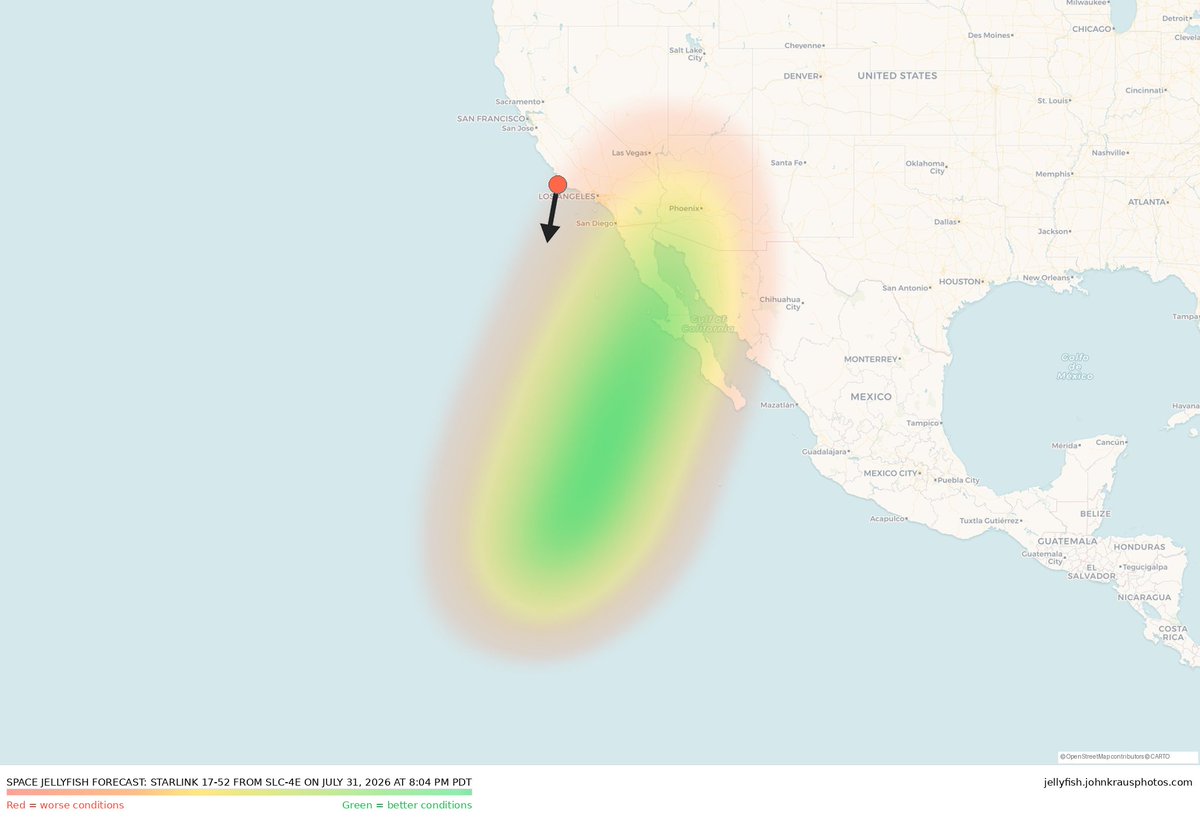 spacejellyalert's tweet photo. Space jellyfish alert!

Starlink 17-52 from SLC-4E in California on July 31, 2026 at 8:04:44 PM PDT could produce a space jellyfish. This occurs when a rocket and its expanding exhaust plumes are illuminated by the sun and observers are in local darkness.

The rocket will enter sunlight 00m05s after launch.

See a detailed prediction for your location: https://t.co/KIadNi37so

Information as of 2026-07-31 22:33 UTC