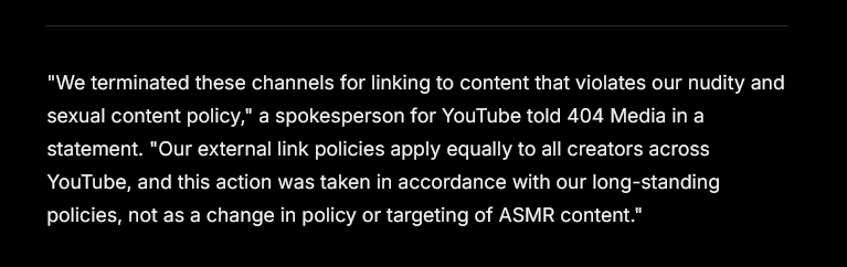 cypalcurt's tweet photo. @YouTube @TeamYouTube  Your statement to @404mediaco  is Bullshit. If their links violate policy and your crappy AI tool is just detecting now, at least give creators a warning and a chance to fix it. Do just remove their whole channel without warning. https://t.co/tkjowa1FRl
