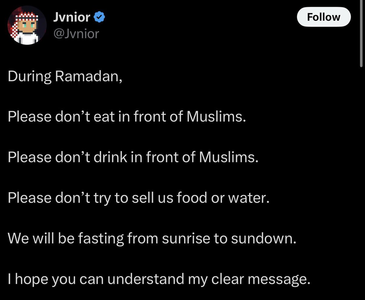 ZeekArkham's tweet photo. Dear Jvnior,

During Ramadan,

I’m going to eat when I feel like eating.

I’m going to drink when I feel like drinking.

Bacon tastes good, bbq ribs taste good.

When I, as a Christian am fasting, I don’t feel the need to announce it to everyone.

This is America. I’m not going to bend to what you’ve got going on. It would be unAmerican. 

No hugs. Not until you walk through a metal detector. A few times…
Zeek