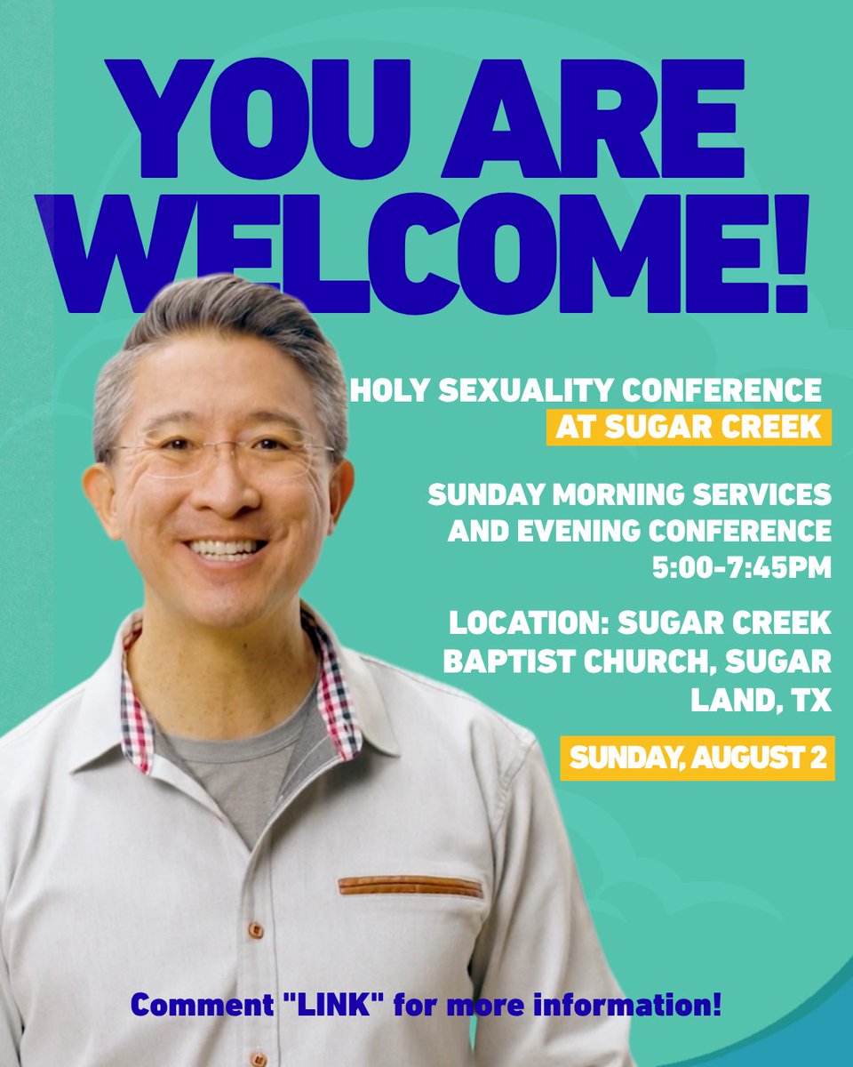 christopheryuan's tweet photo. On Sunday, August 2, I will be speaking at Sugar Creek Baptist Church

Name of the event: Holy Sexuality Conference at Sugar Creek

Sunday morning services
and evening conference 5:00-7:45pm

⛪ At Sugar Creek Baptist Church, Sugar Land, TX

If you are able, I would be glad for you to join us.

Learn more: https://t.co/SBtpz8iy6q

I look forward to the time together.

#HolySexuality #HolySexualityConference #SugarCreekBaptistChurch #ChristopherYuan #SugarLandTX