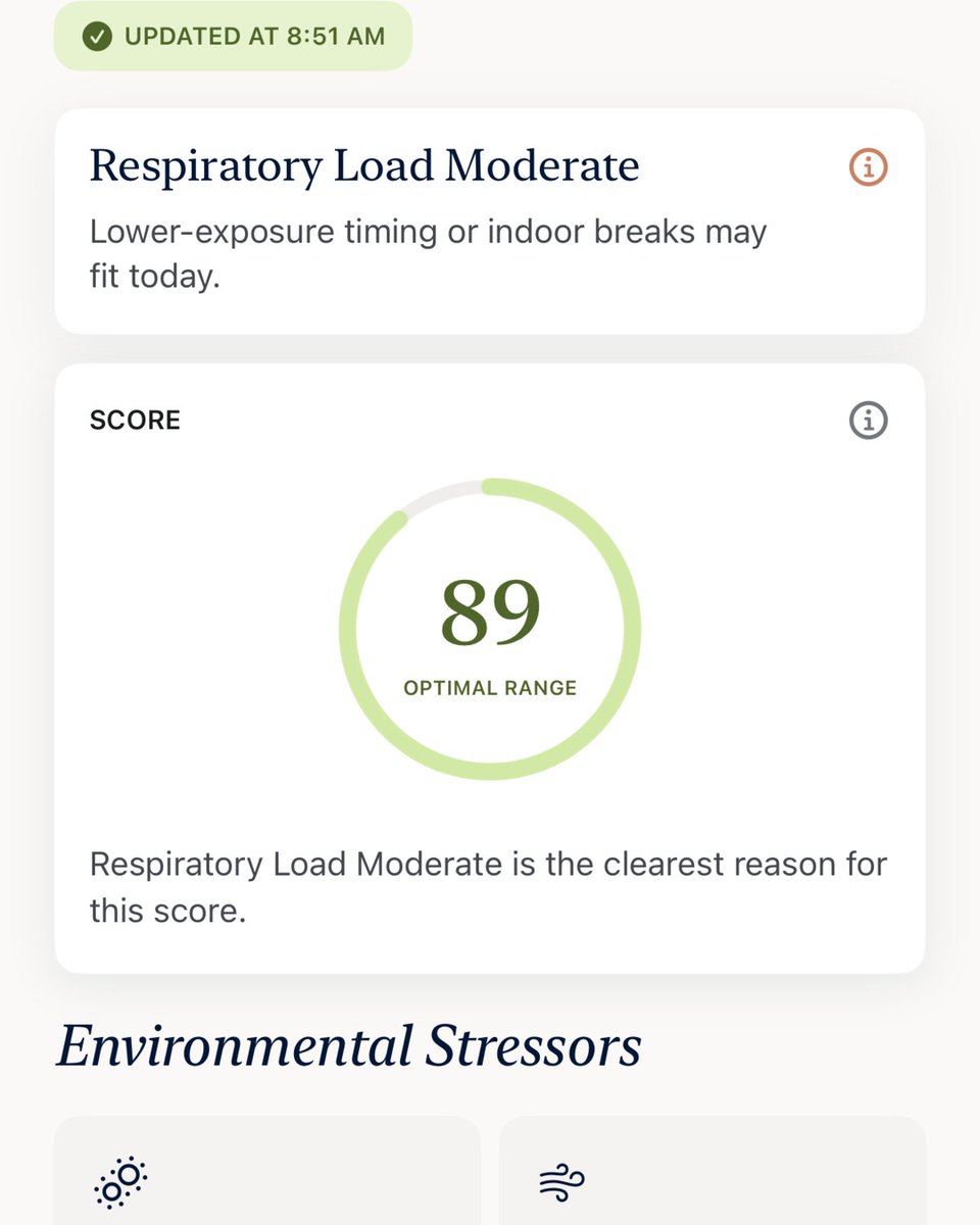 bobbyztz's tweet photo. That distinction matters because an overall picture and an individual signal can tell different stories. Pollen Load and Air Stress are Low here; Respiratory Load is Moderate.

We don’t want the large number to erase the detail underneath it. https://t.co/dPjGxkJaNW
