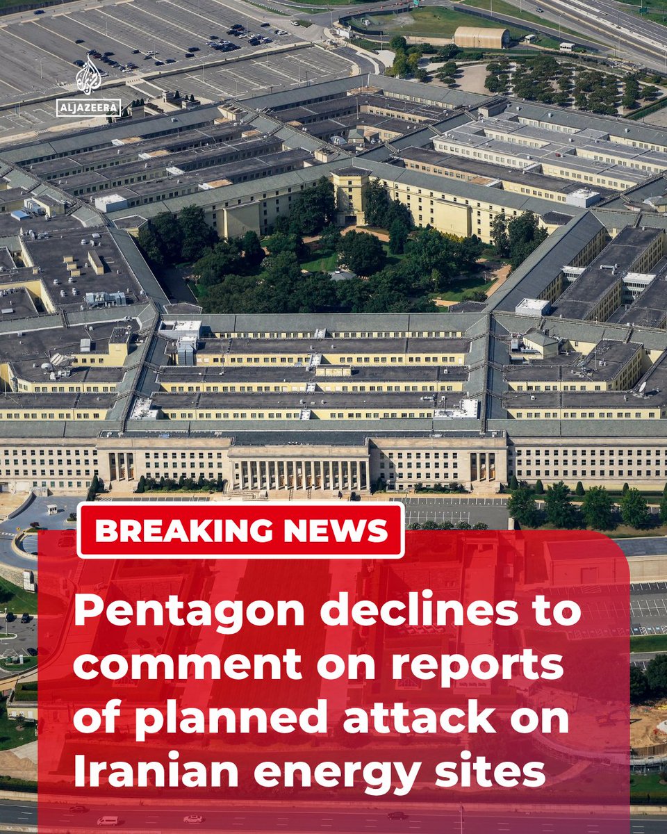AJEnglish's tweet photo. BREAKING: The Pentagon declines to comment on possible Iranian targets but is ready to carry out President Trump's orders. 

US media reports the US and Israel are planning strikes on Iranian energy sites, pending Trump's final approval.

🔴 LIVE updates: https://t.co/Dw3uYurFeQ https://t.co/Yp7FXgSpBV