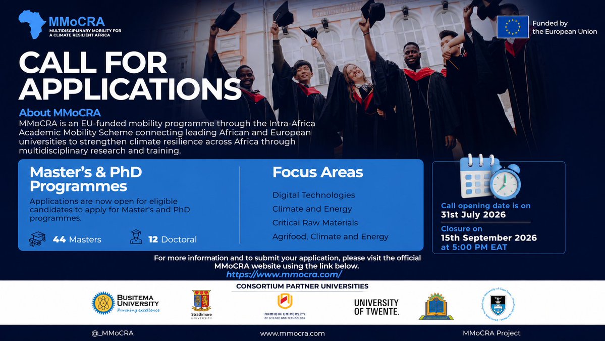 opportunitiesfy's tweet photo. 🌍🎓 MMoCRA Scholarships 2026 are OPEN!
🌱 Climate &amp; Energy
💻Digital Technologies
⛏️Critical Raw Materials
🌾Agrifood Systems
🔬Climate-resilient solutions
⏰ Sept. 15, 2026, 5 PM EAT
🔗 https://t.co/oexzAyypQx
#MMoCRA #Scholarships #PhD #Masters https://t.co/Sdoq9KeEMu