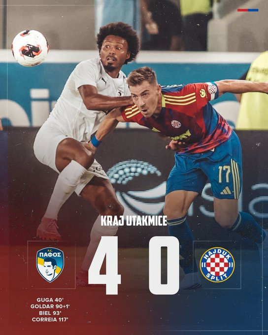 DandyFutbolari's tweet photo. La temporada pasada pasaron por encima del VILLARREAL en Champions League... Y este año han aplastado literalmente al Hajduk Split.

PAFOS 4-0 Hajduk Split. A la siguiente previa de la UEFA Europa League

EN CHIPRE... GLOBAL: 4-2, la ida fue 2-0😱#UEL

Guga, Goldar, Correia, Biel https://t.co/IKhklYBNFH