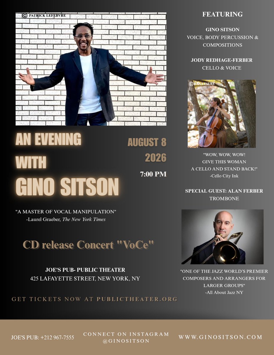 GinoSitson's tweet photo. See you very soon @JoesPub
#cdreleaseconcert #music #voice #cello #trombone #chambermusic #jazz #classical #improvisation #nyc https://t.co/EaWInKIugB