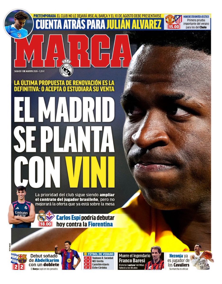 IamBeyle's tweet photo. 🚨 MARCA COVER:

“REAL MADRID STAND FIRM WITH VINÍ.

The latest renewal offer is the LAST, either he accepts or his SALE will be studied.

The club’s priority remains to RENEW Viní Jr’s contract but they will NOT improve the offer.” https://t.co/gIv2B0kdPT
