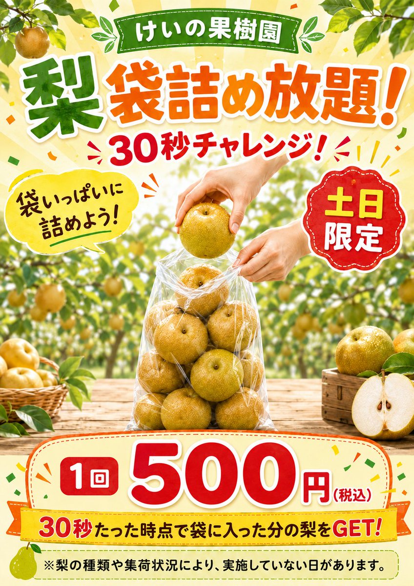 InfoChiharuya's tweet photo. 🍐本日の梨袋詰め放題は大盛況！
30組以上のお客様にお越しいただき、午前中に梨が終了しました。ありがとうございました！
明日8月2日（日）も朝9時30分から開催します✨
1回500円（税込）、梨がなくなり次第終了です。お早めにどうぞ！
https://t.co/vIFmvjYtPn
#けいの果樹園 #梨袋詰め放題 #佐野市 https://t.co/Wf4z8kli8B